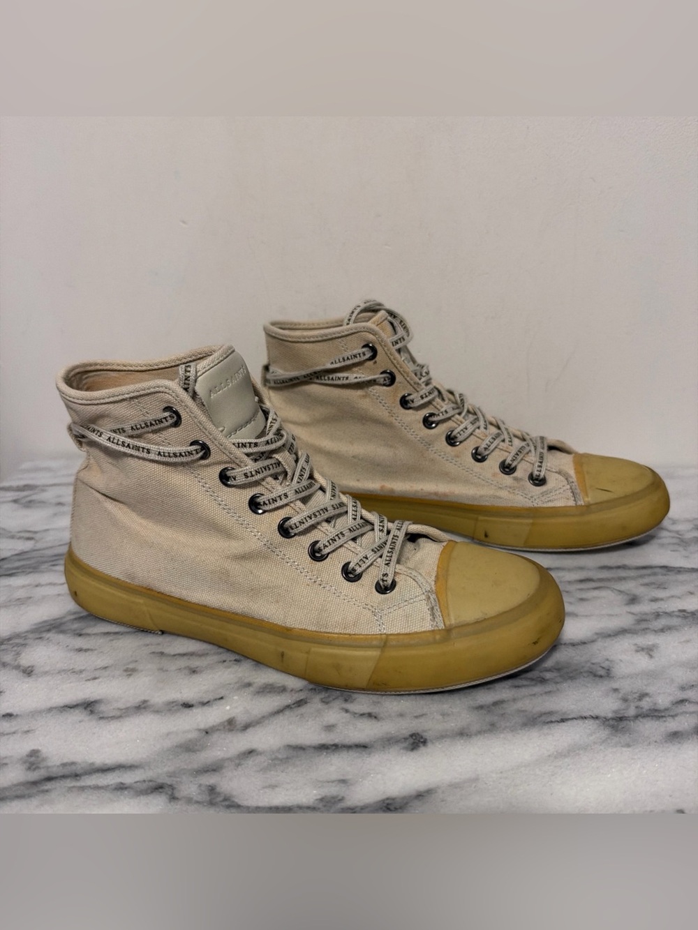 All Saints Men’s Beige High-Top Canvas Sneakers with Yellow Gum Sole